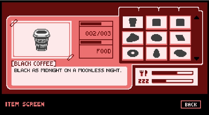 Item screen of friendly premonition. Black coffee is selected. Black as midnight on a moonless night.
