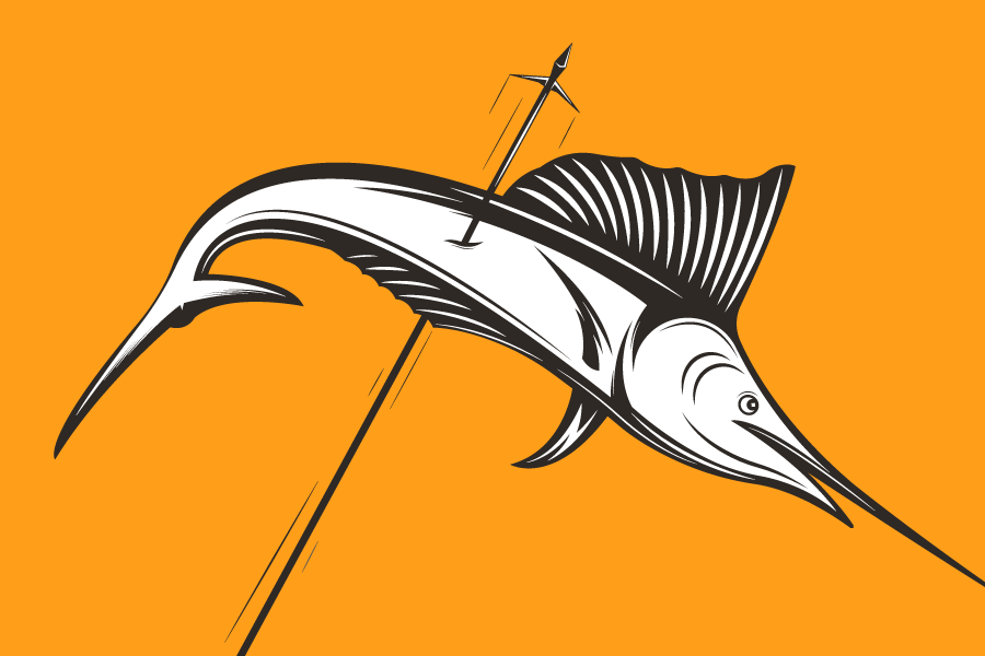 Illustration of a marlin fish being speared