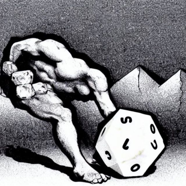 AI generated
black and white, a
muscular body without a head
leans over a large dice
with illegible markings –
there are mountains in the background
