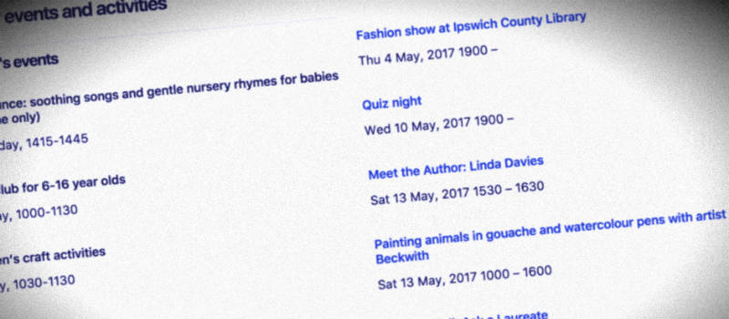 Screenshot of events listing on the Suffolk Libraries website