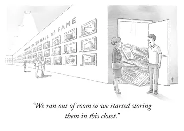 A cartoon-style illustration of a very long hall. On the wall we see hung pictures of data centers under the lettering Data Center Hall of Fame. In the foreground, there is a cupboard full of pictures. It is full to overflowing. The caption reads: We ran out of room so we started storing them in this closet.