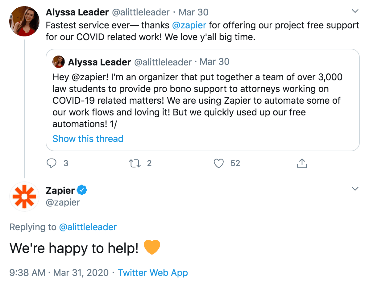 A positive comment tweeted at @zapier. @zapier responds: 'We're happy to help!'