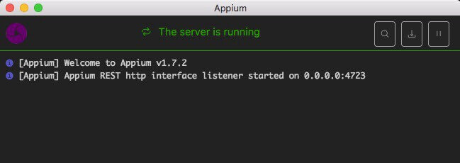 Appium desktop application successfully installed. The Appium server is now ready to run tests