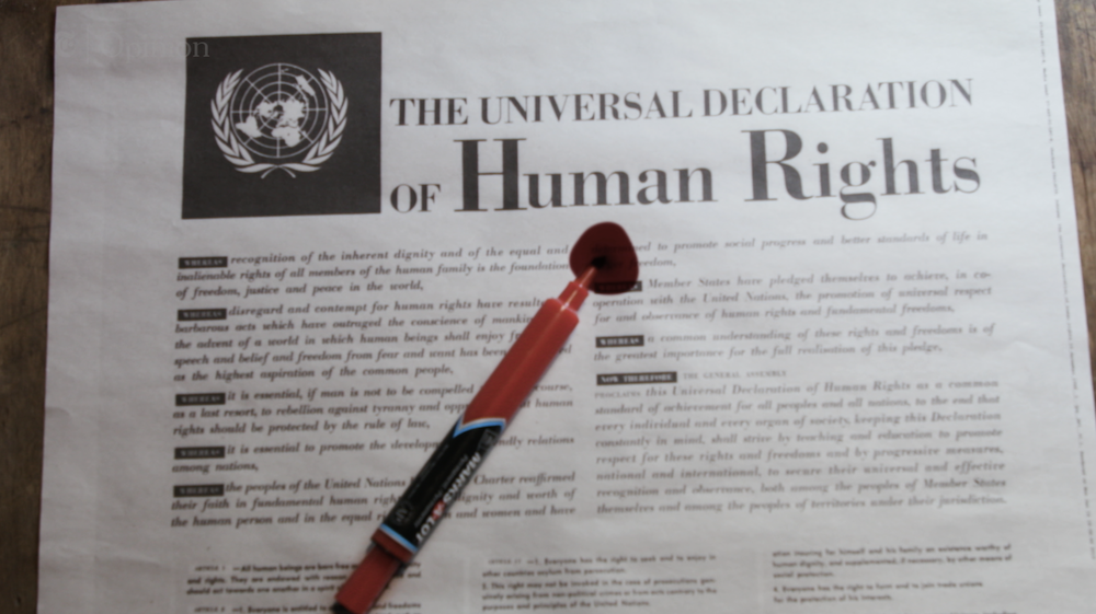 A still showing the Universal Declaration on Human Rights with a red pen on it