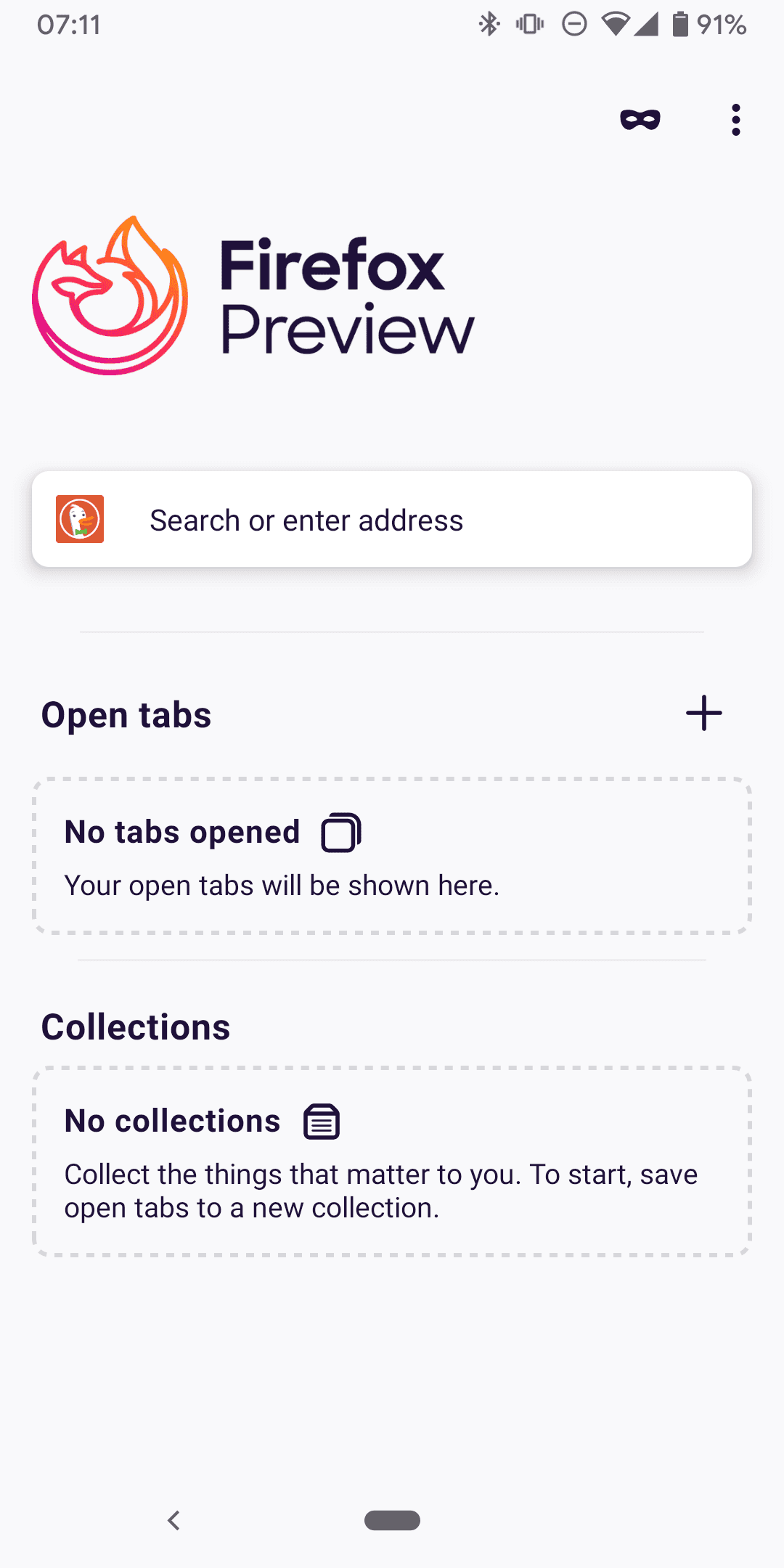 Screenshot of No collections or open tabs in Firefox Preview 2.0 for Android