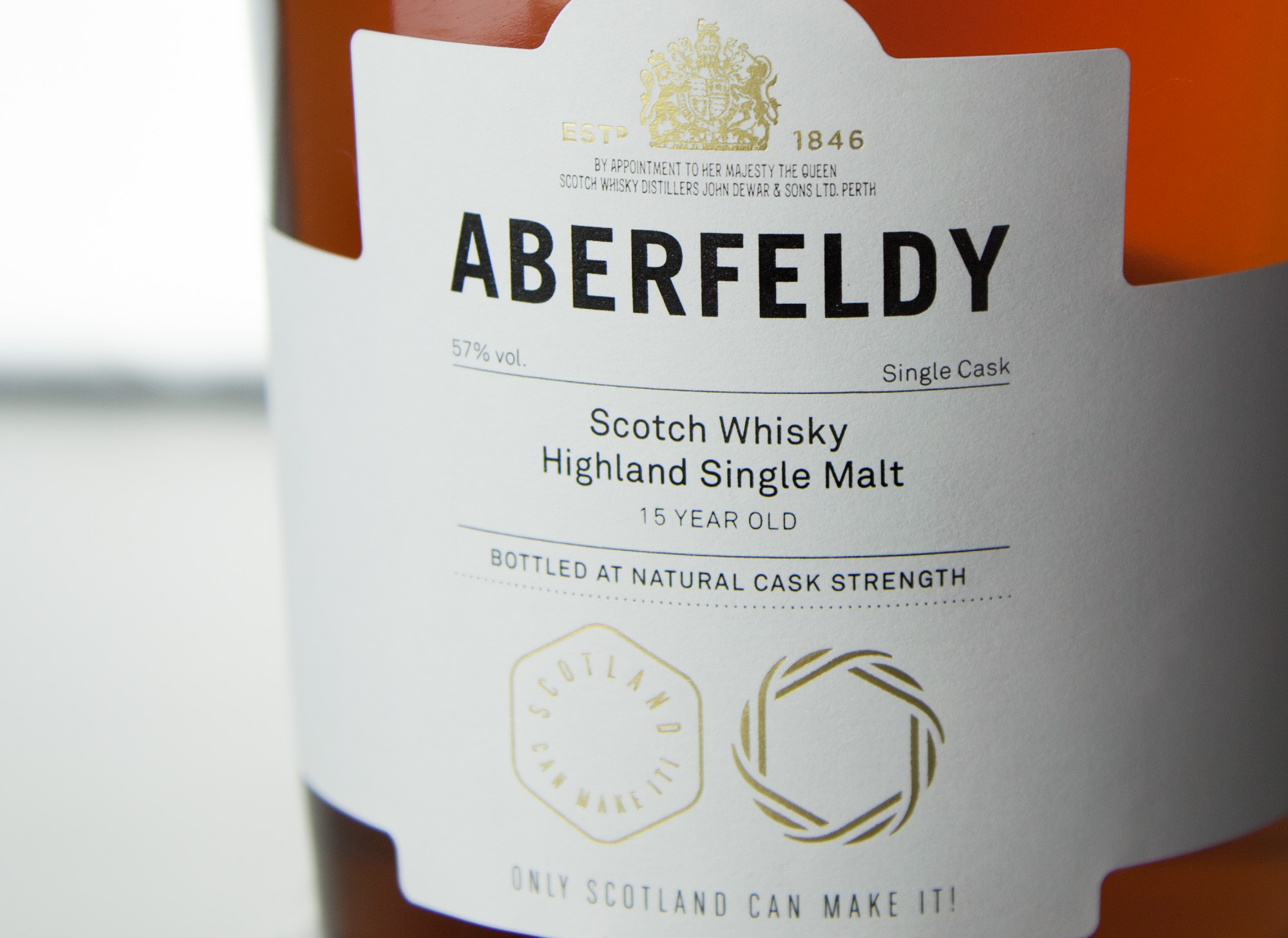Close of the bottle label for Aberfeldy whiskey