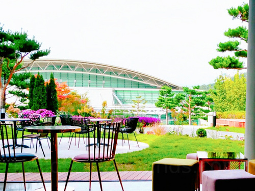 Scenic cafe exterior featuring small round metal tables and chairs next to coloured stools with views onto lawn and trees Microsoft Teams background