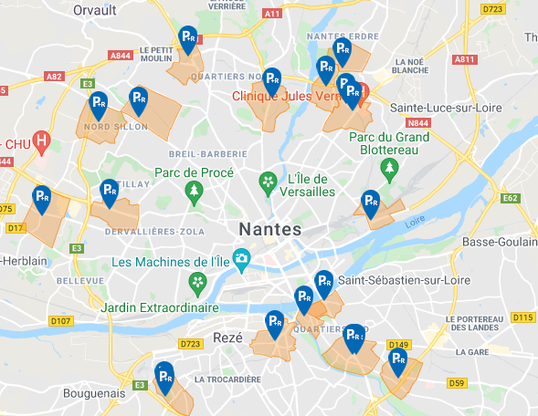Carte des parkings relais de Nantes