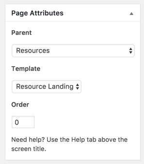 Page attributes for a resource landing page in WordPress.