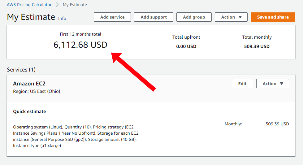 Screenshot showing AWS EC2 instances would cost $6,112.68 per year