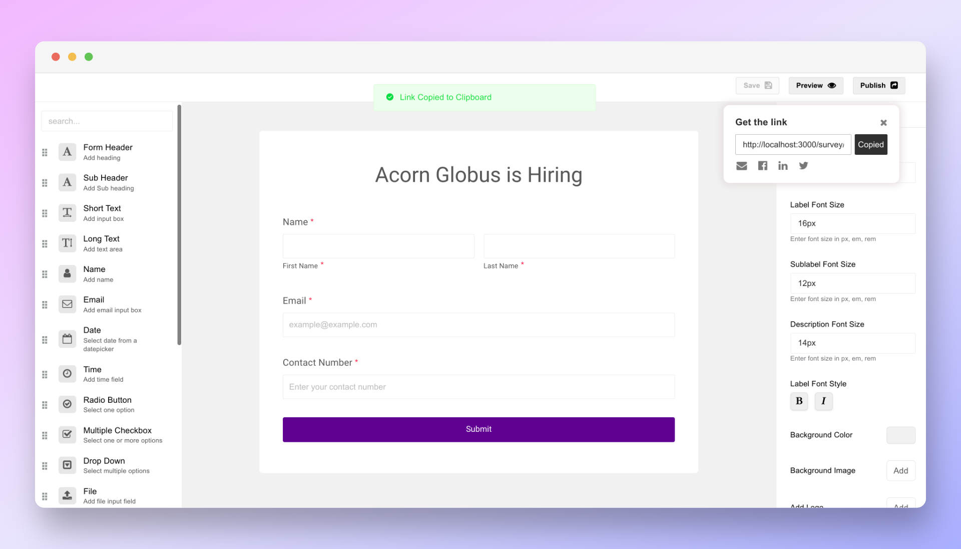 Form builder being used for creating and publishing form