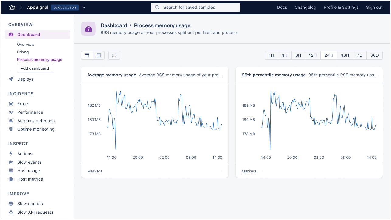 Screenshot of AppSignal dashboard with process memory usage graphs