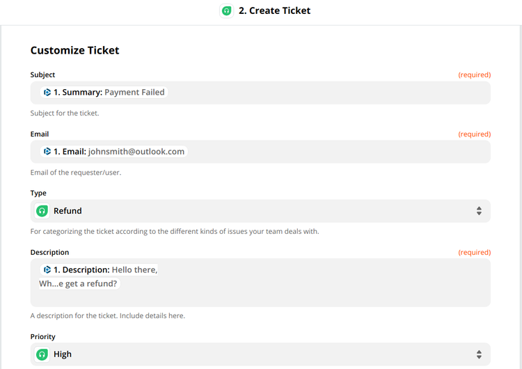 Your ticket is customized in Zapier