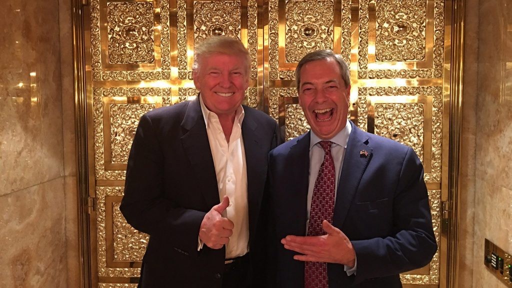 Donald Trump and Nigel Farage standing in Trump's private gold plated elevator.