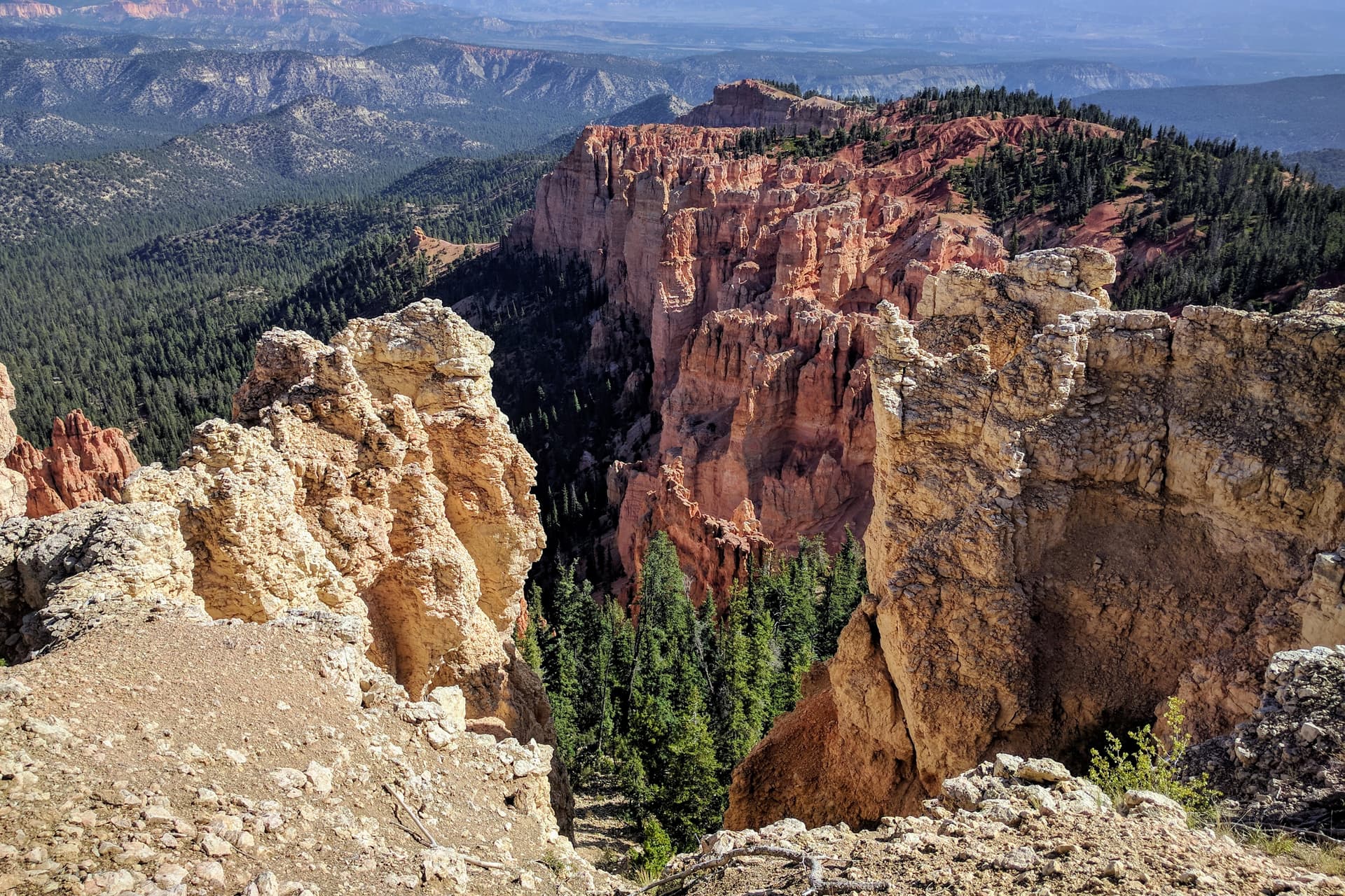The South Wall of Bryce Canyon. Red and white pillars of soft rock cluster together, eventually becoming the rim of the Canyon. The pillars stop abruptly, and are immediately replaced by a pine forest.