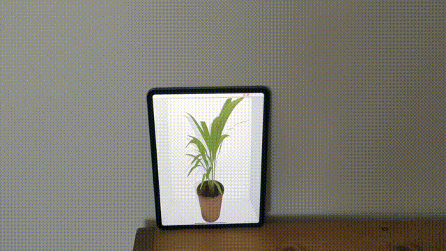iPad displaying 3D on the web with a plant pot inside a box. The perspective moves with the user's position, giving the impression of looking inside the box.