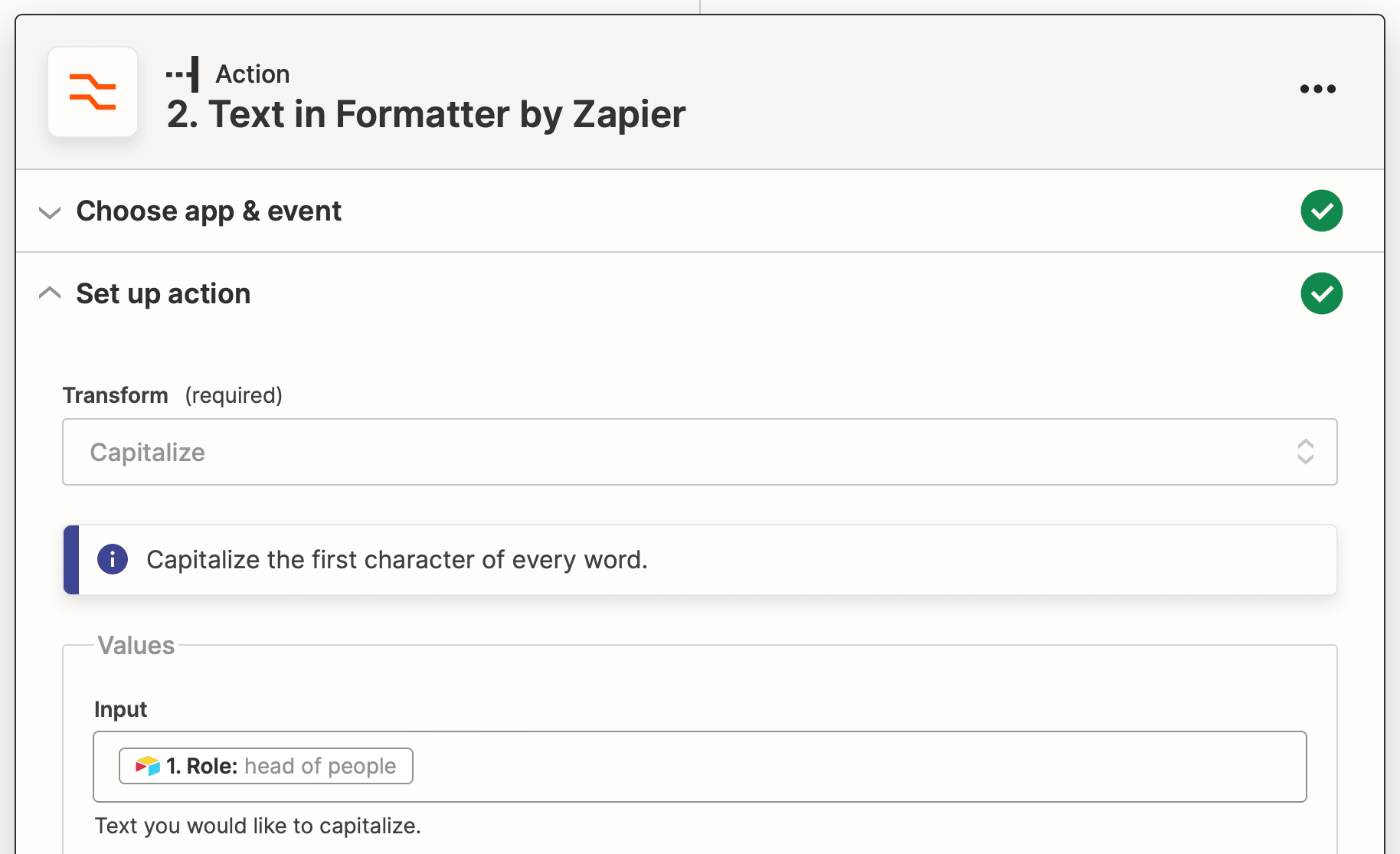 Screenshot of Zapier text formatter action with capitalize transform