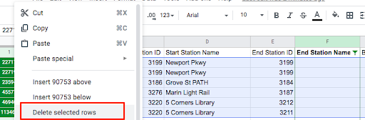 Rows of data in Google Sheets, as shown after applying a filter. The rows have been selected and "Delete selected rows" has been selected from the drop-down menu.