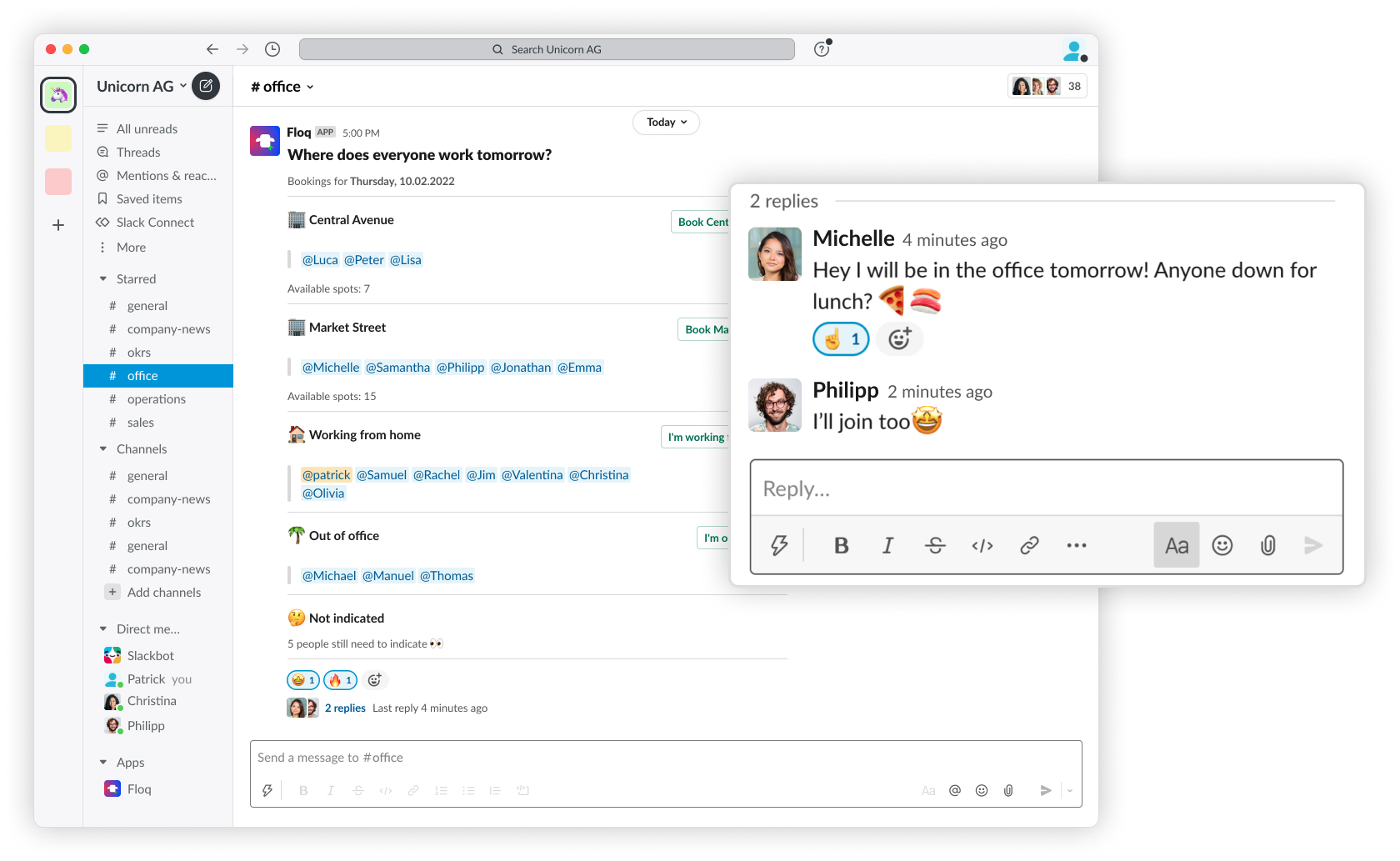 Hybrid team overview with Floq – Easy hybrid workplace management that lives within Slack.