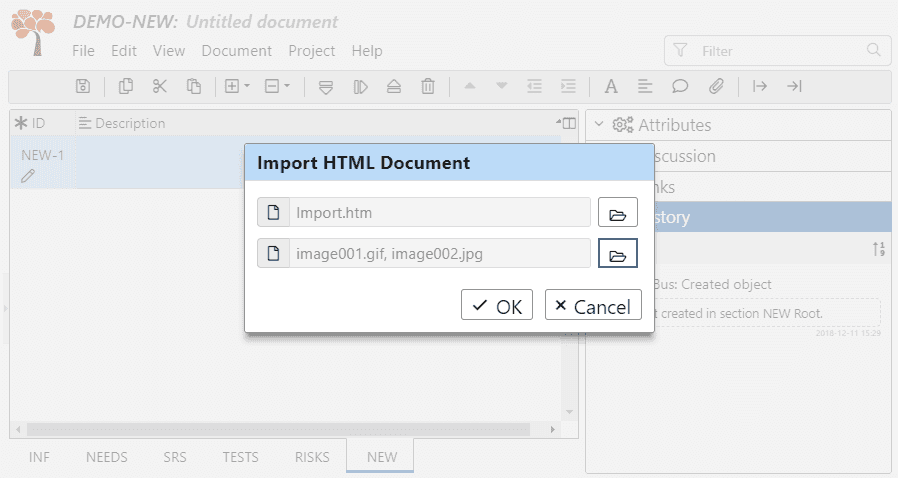 Import HTML Document to ReqView dialog