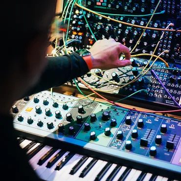 A close up of Zahl's modular synth