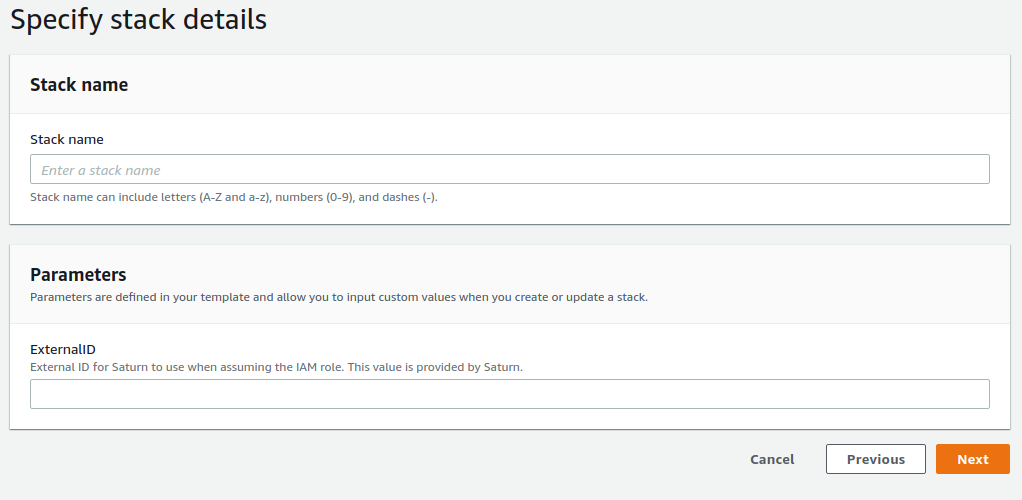 Screenshot of AWS Console showing Create Stack form, with Stack Name and Parameters shown