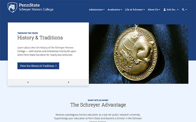 Screenshot of Schreyer Honors College website