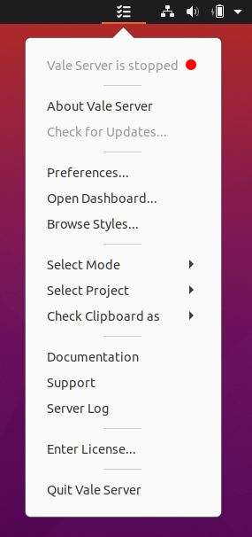 A screenshot of Vale Server's context menu.