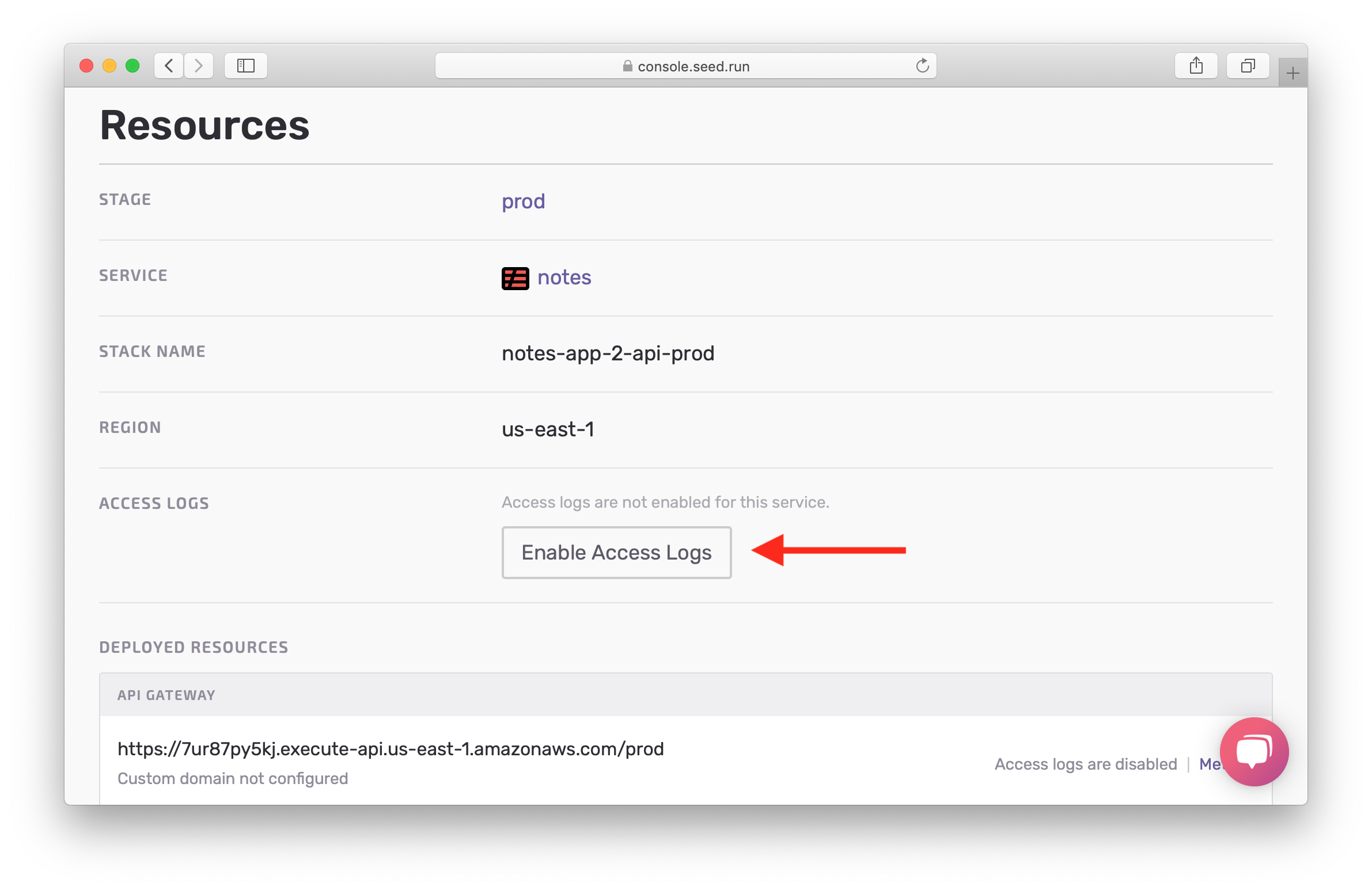Enable access logs in prod screenshot