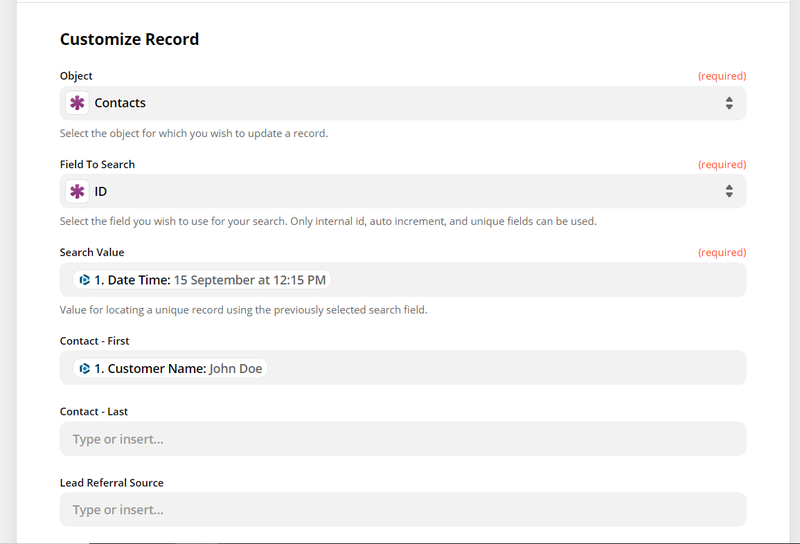 customize data fields to create record in Knack database