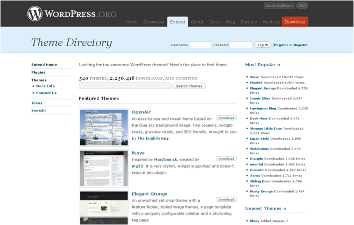 Abbildung 113: Das offizielle Verzeichnis von Wordpress-Themes http://wordpress.org/extend/themes/