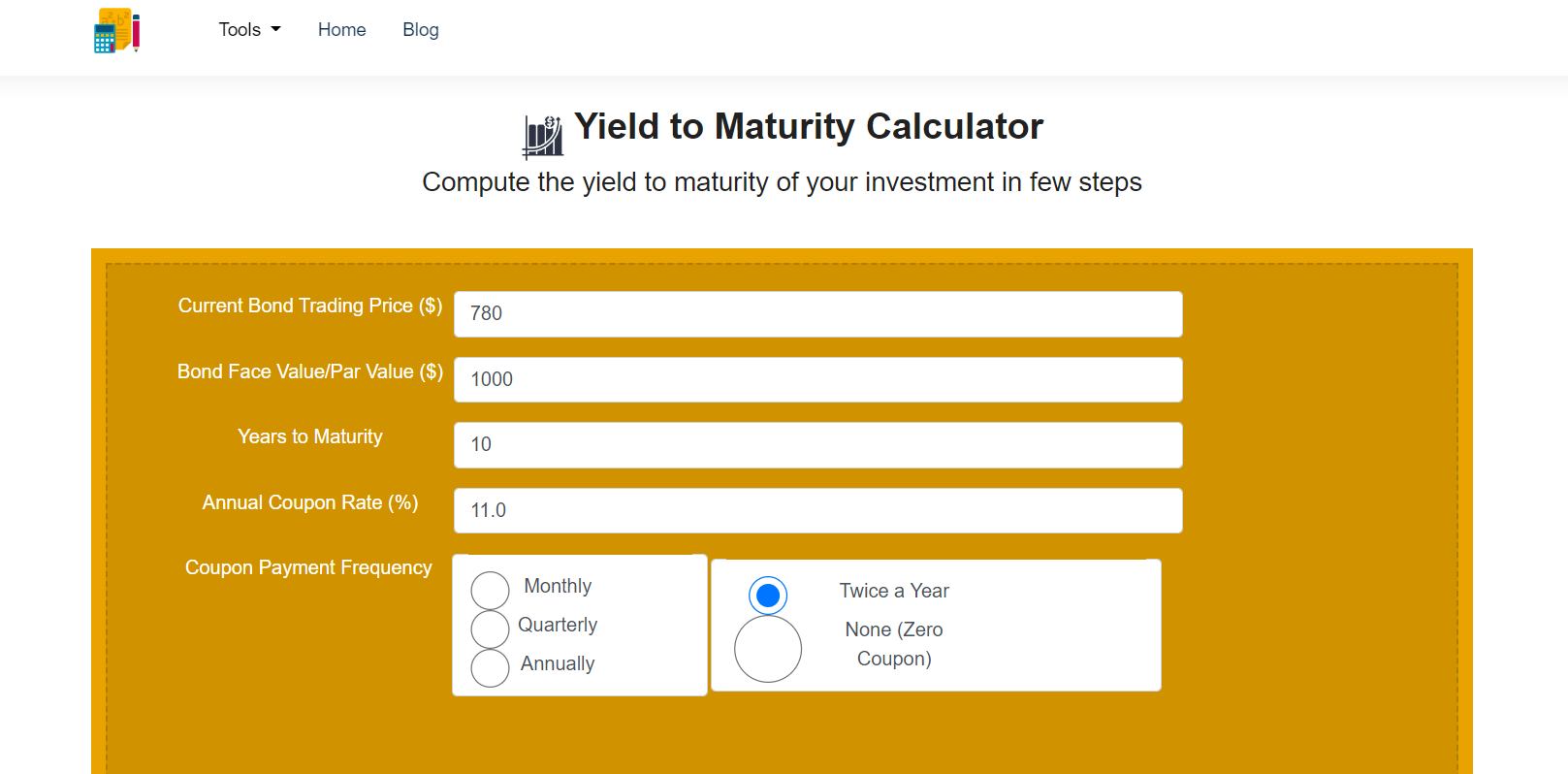 Yield to Maturity Calculator in Fiscal Calculator