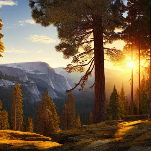 A beautiful National Geographic photograph of Yosemite mountain scenery full of trees, forest, photorealistic, golden hour, sunny, warm, summer