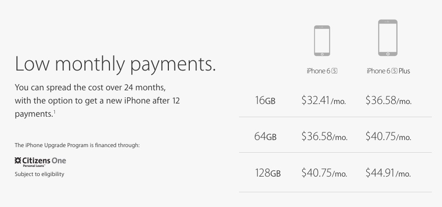 Apple iPhone Upgrade Program monthly pricing