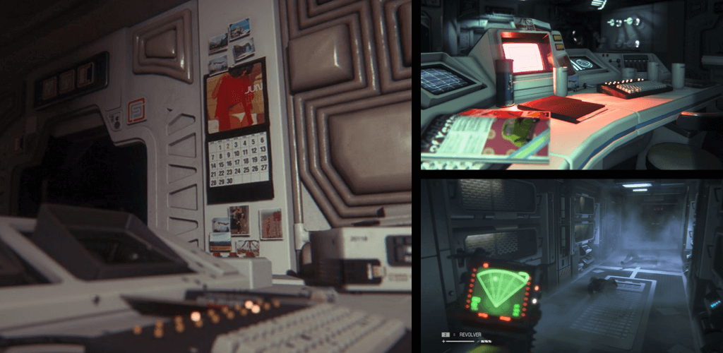 Multiple screenshots from the game Alien: Isolation, showing a work station next to a bulkhead door, a red glowing computer terminal, and the movement scanner used to detect the alien.