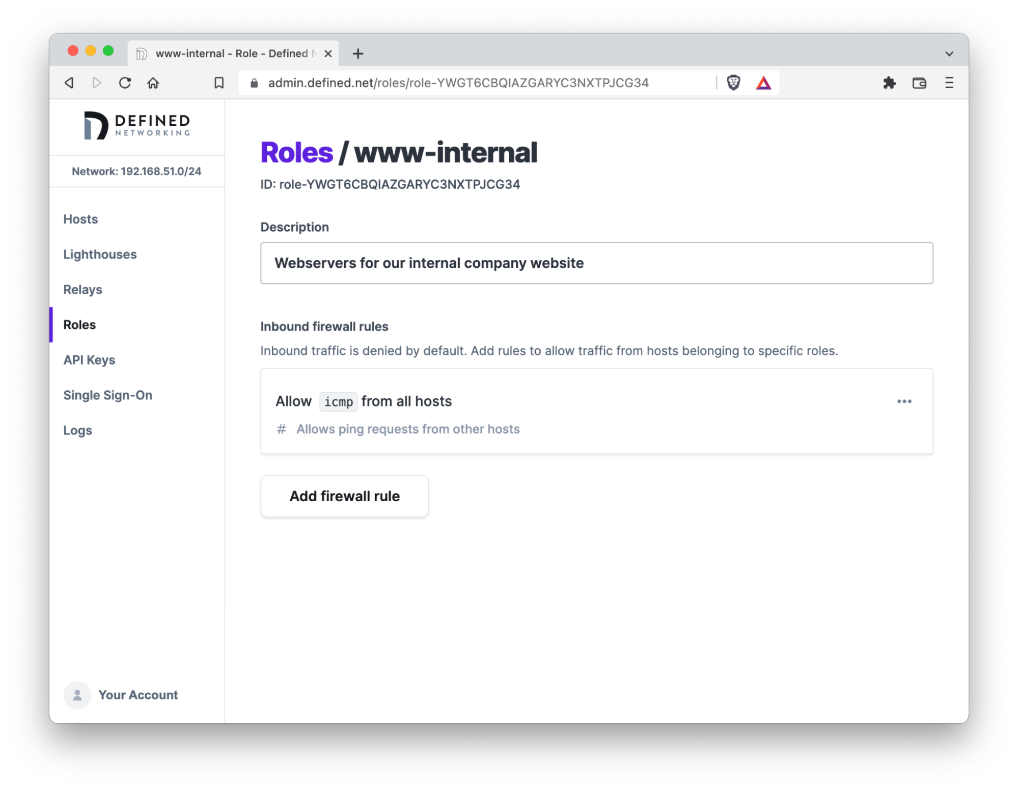 Page showing details for role `www-internal`, showing the role ID, description, and a default inbound firewall rule allowing `ICMP` from all hosts, so you can ping the host