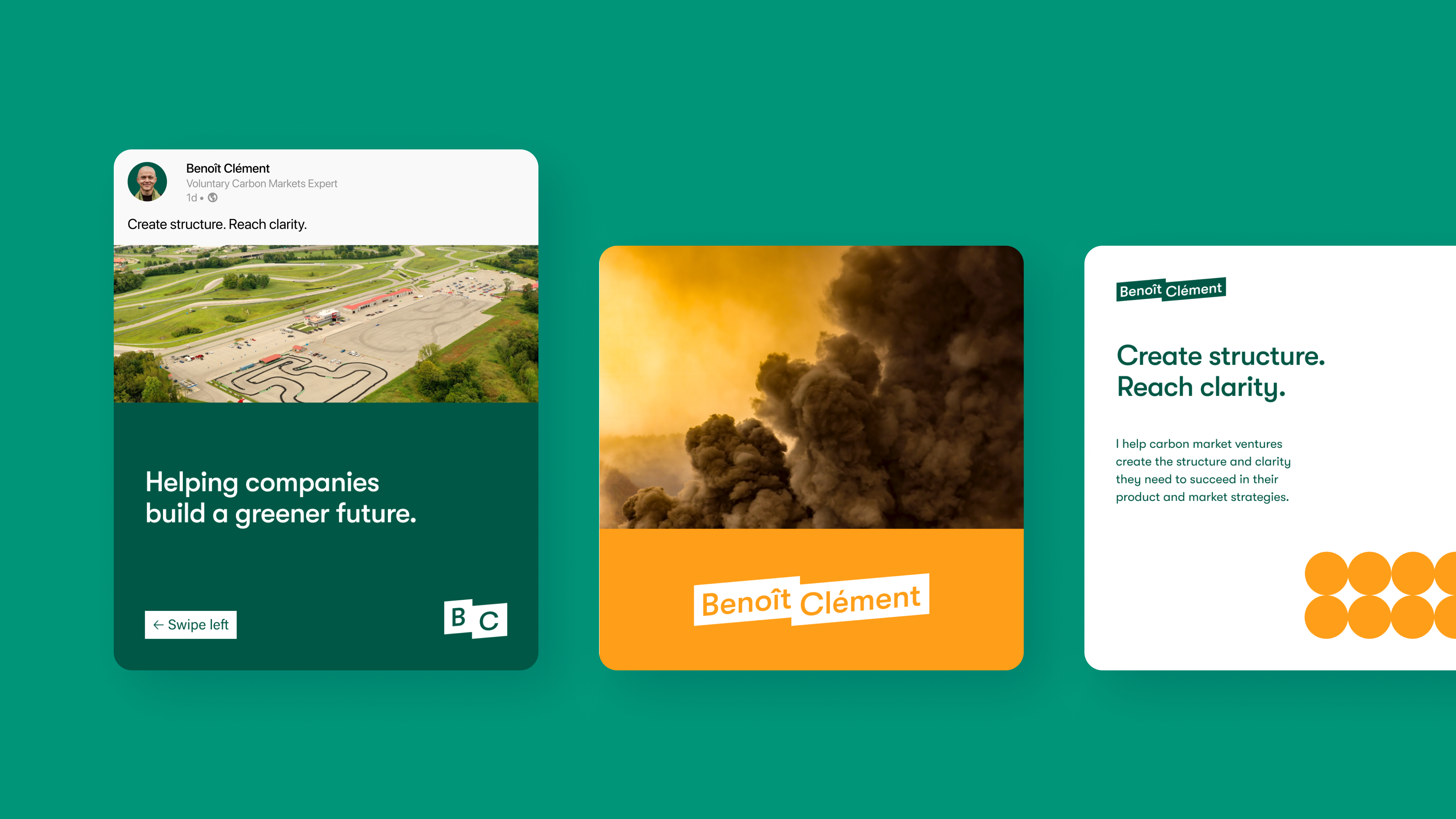 Three square images designed for LinkedIn, with messages like “Helping companies build a greener future” and “Create structure. Reach clarity.”
