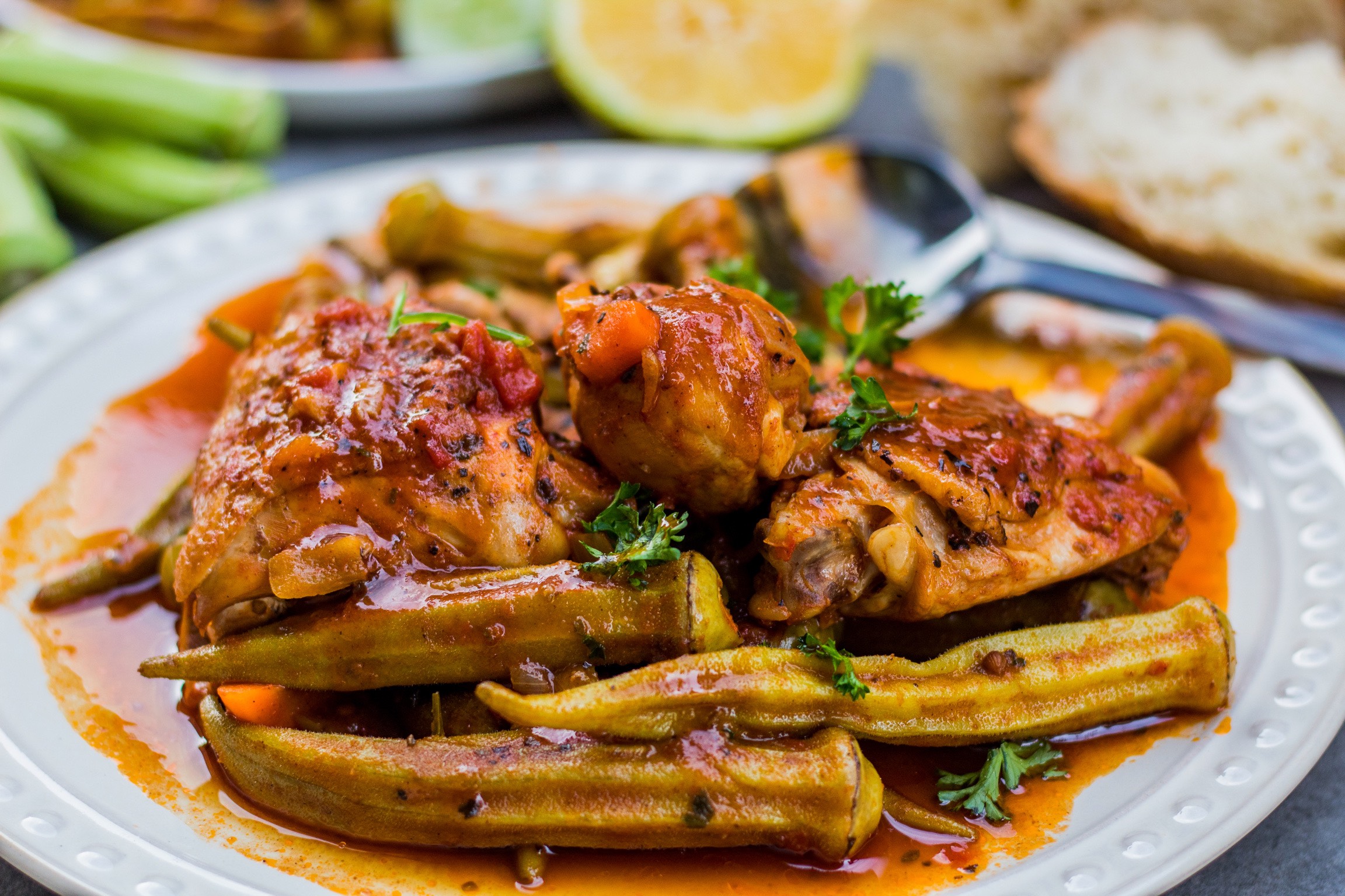 Greekstyle Braised Okra Bamies With Chicken Olive Mango