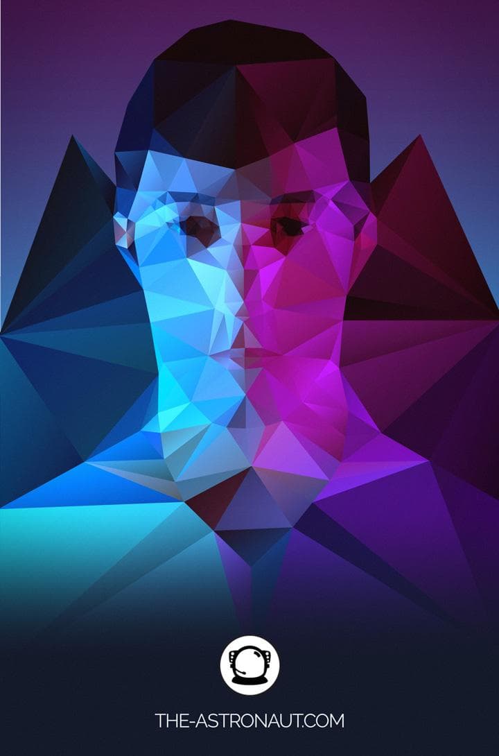 Low-polygon self-portrait looking straight on with blue and purple lighting