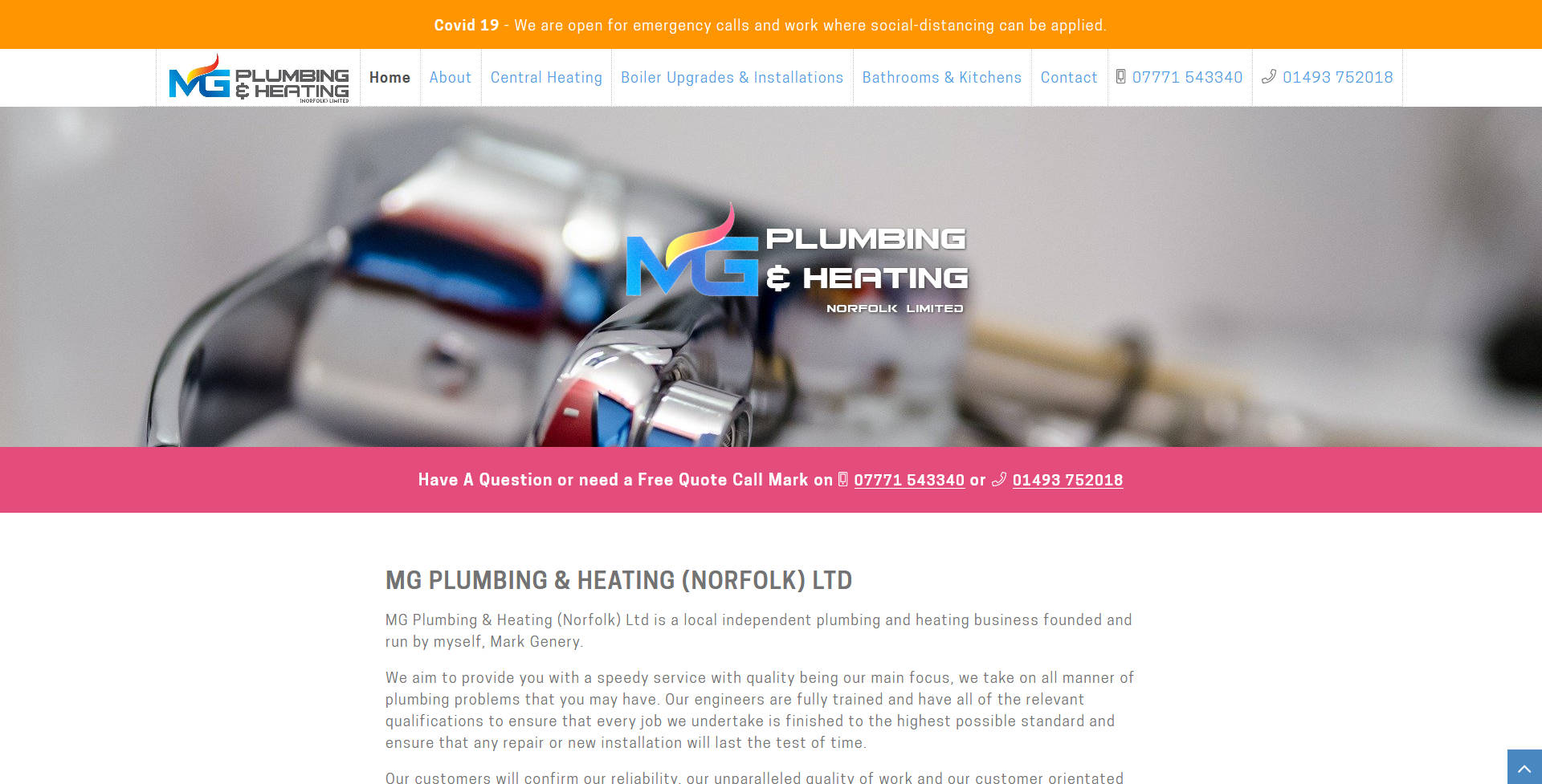 MG Plumbing & Heating Ltd website frontpage
