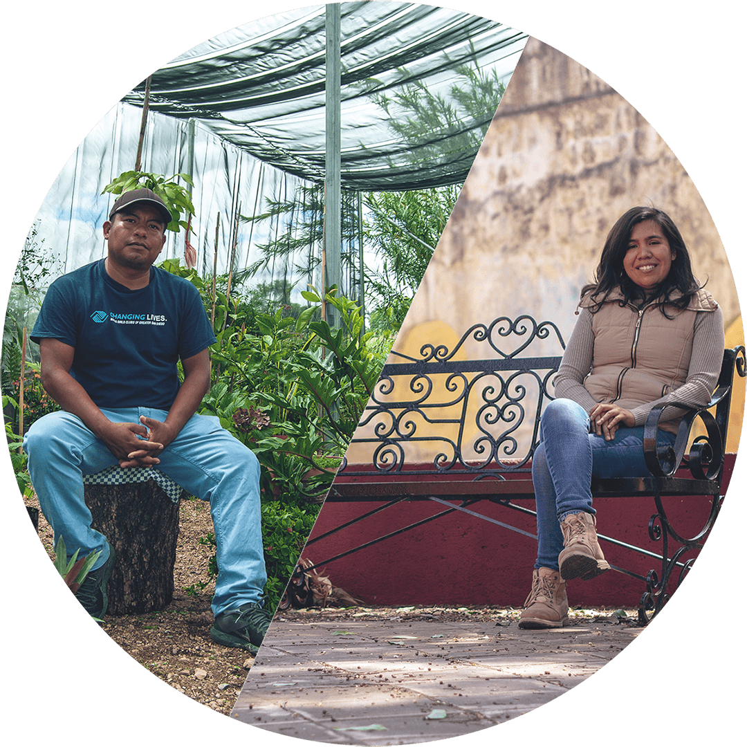 a split circle - enoc sits on a tree stump in his greenhouse; estrella sits on a bench near the xochimilco aqueduct