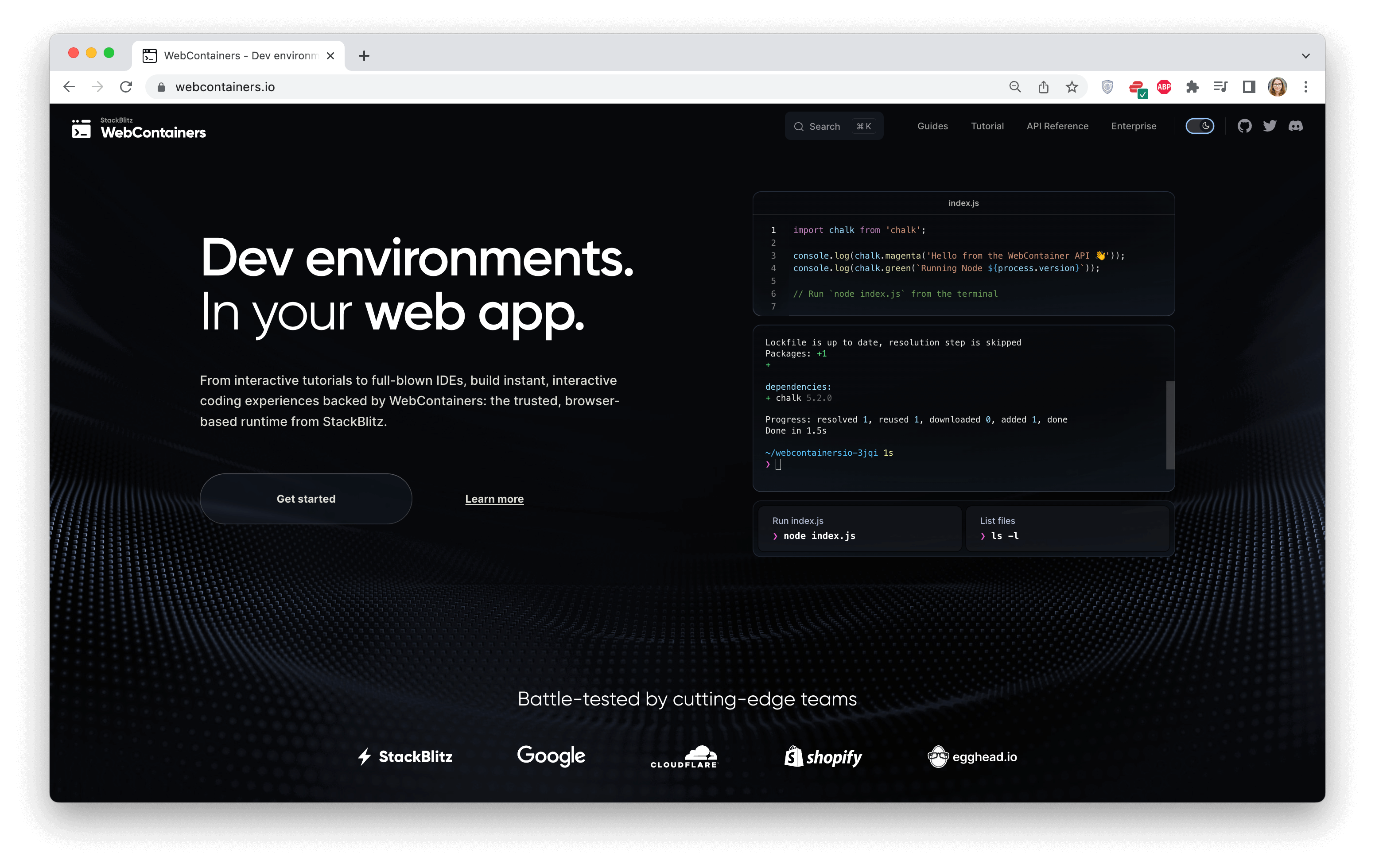 A screenshot of the WebContainers docs platform