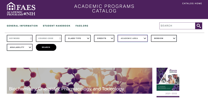 Sample course search page from FAES at NIH