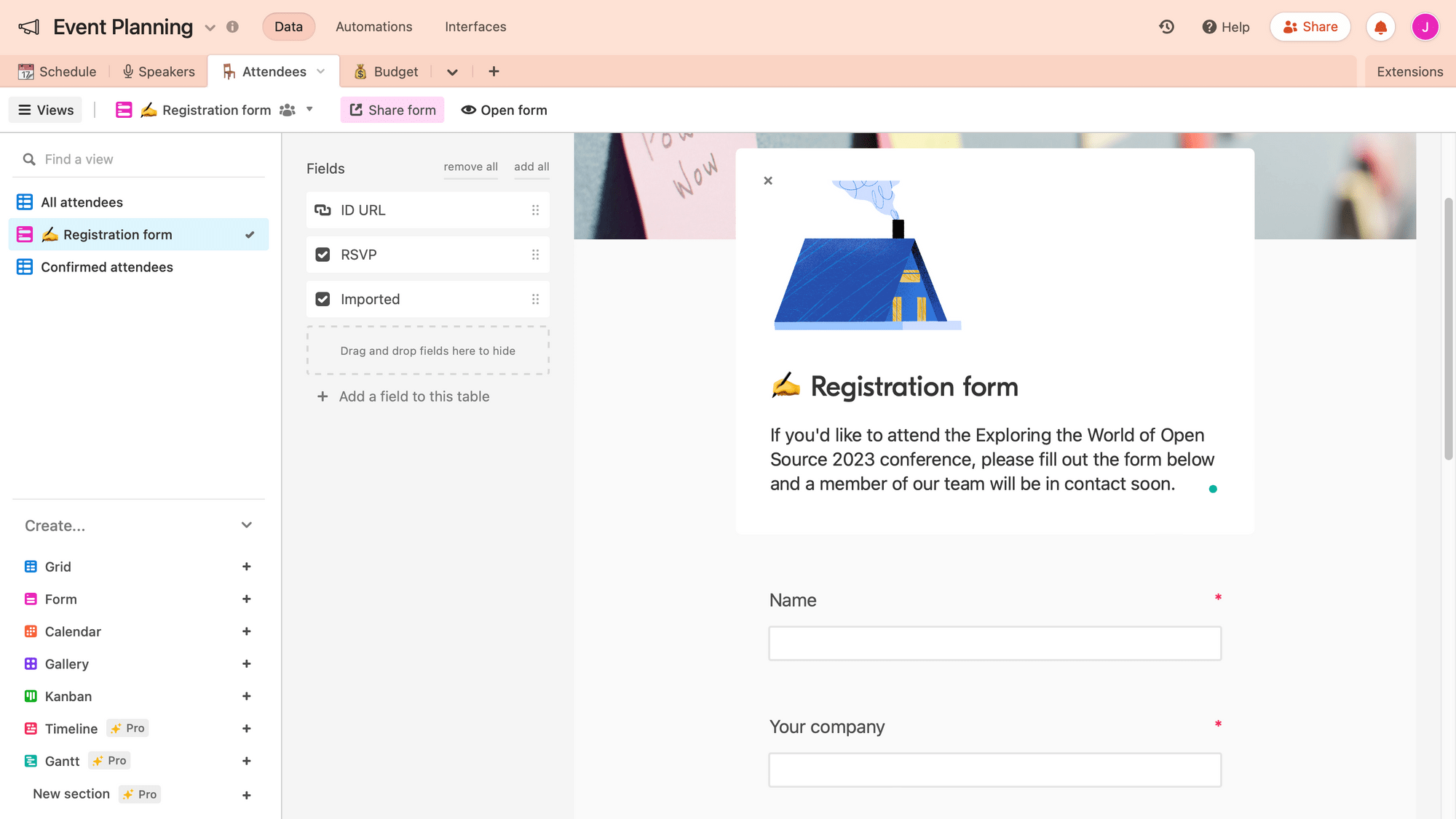 Screenshot of Airtable registration form view