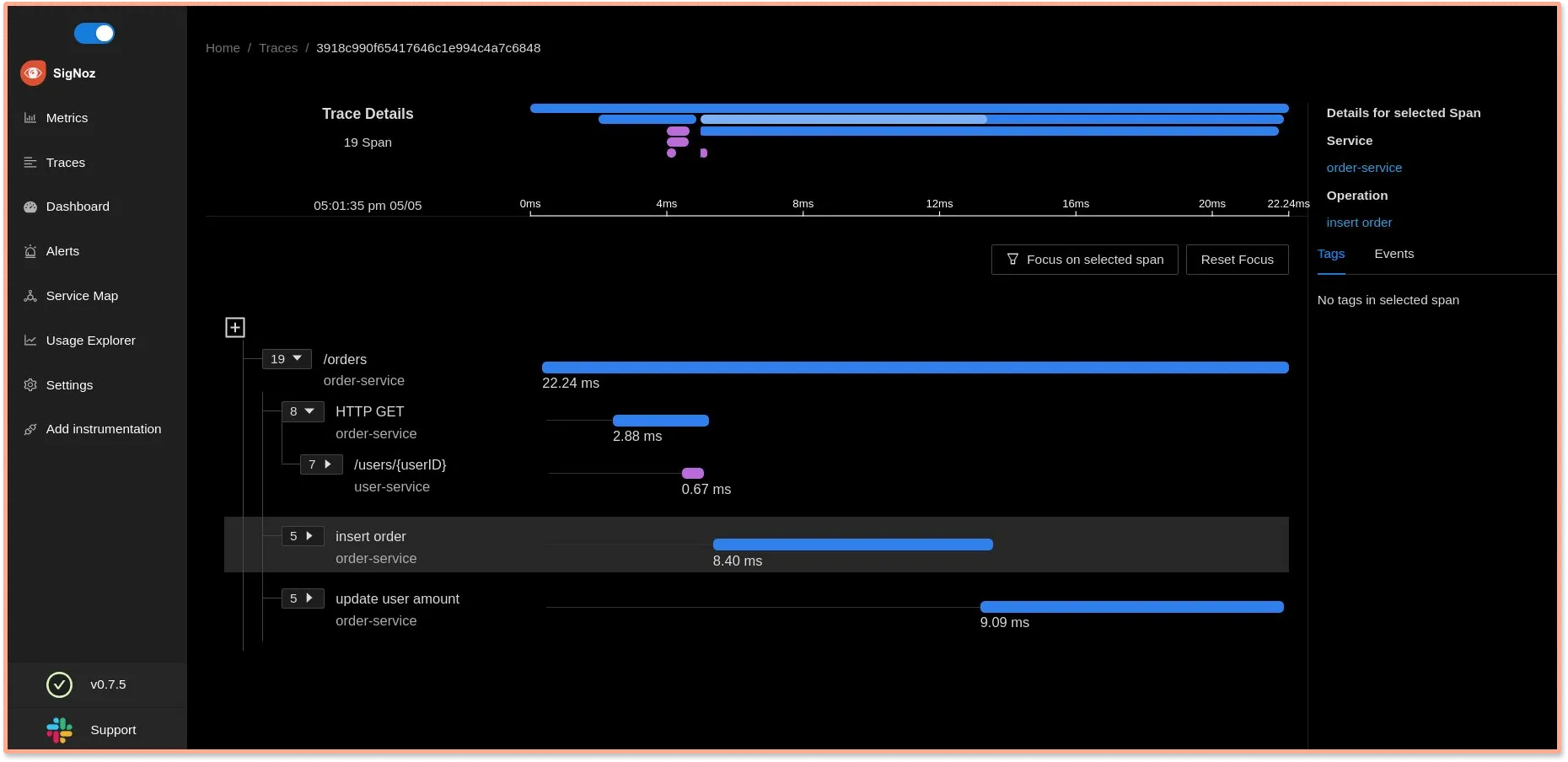 SigNoz dashboard showing a user request broken down by Flamegraphs and Gantt charts
