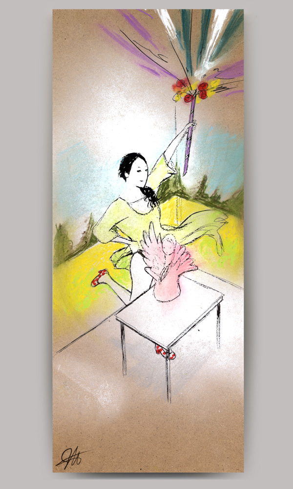 An acrylic painting on wood panel, titled 'Breath', in isometric view of a woman in a yellow dress proudly holding a lit roman candle above her head. The walls of the room are painted to resemble scenes of nature and the table in the center has a pink angel statue on it.