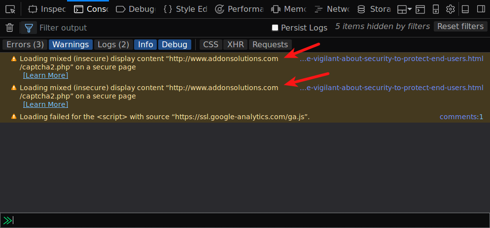 Firefox DevTools showing mixed content warnings