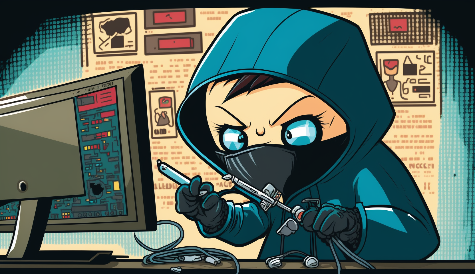 A cartoon hacker wearing a balaclava and holding a magnifying glass, examining a computer screen displaying various hacking testing tools like Nmap, Metasploit, Wireshark, and Burp Suite, with digital locks symbolizing secured systems in the background.