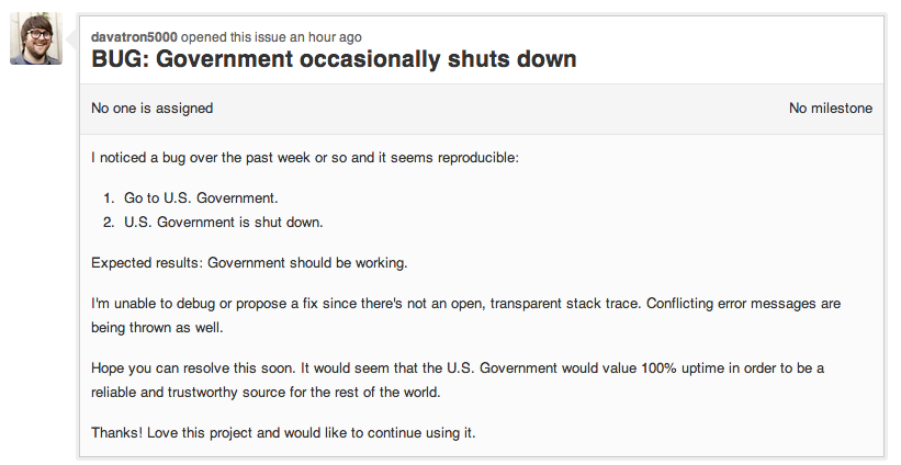 Github issue titled BUG: Government occasionally shuts down