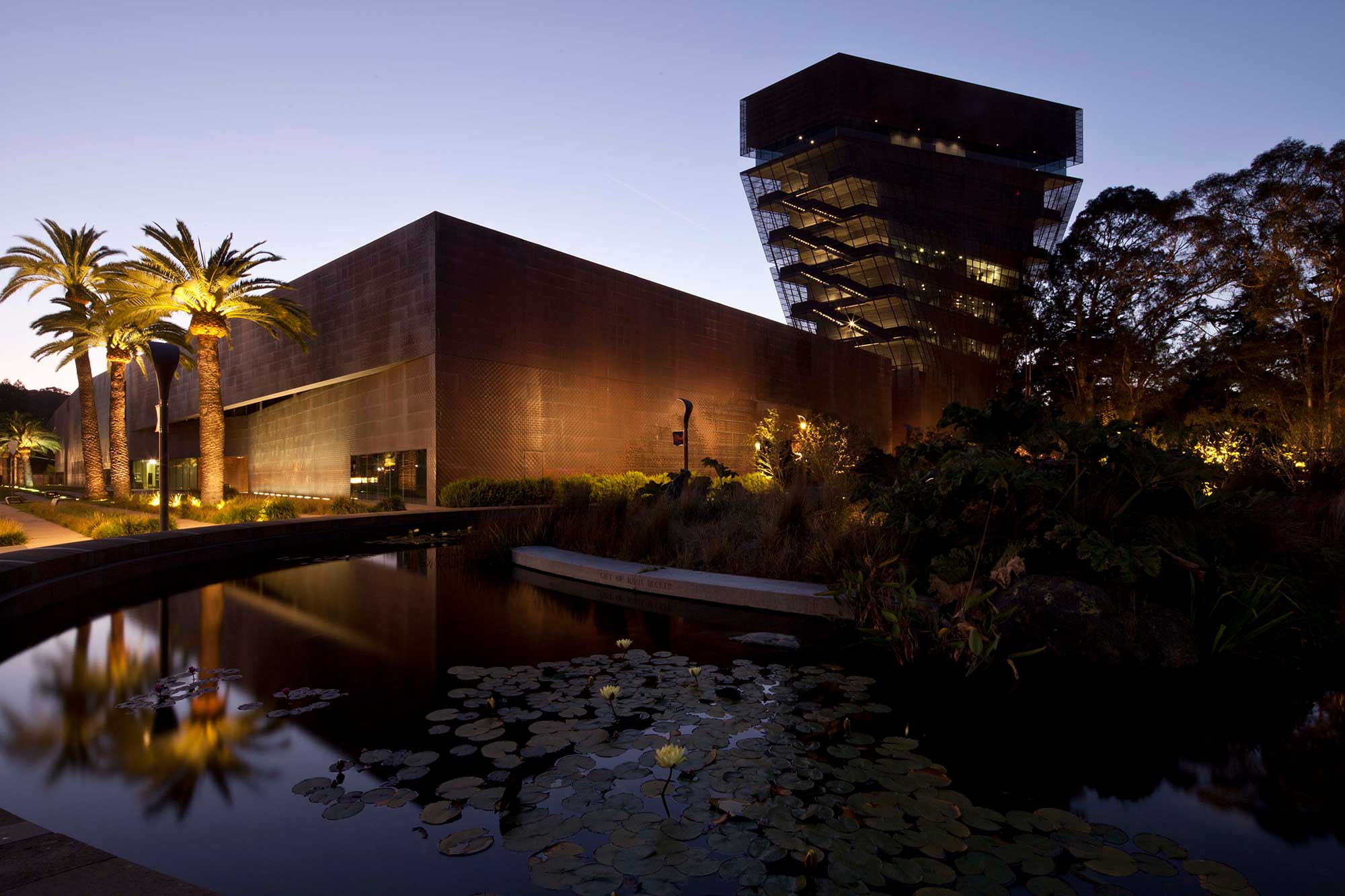 Guests spend time in the courtyard at the de Young
